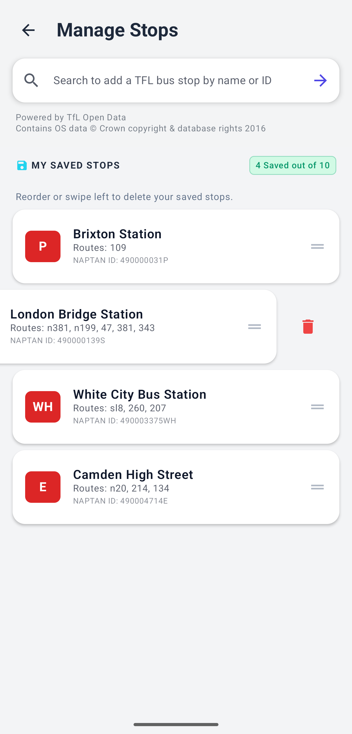 App Screenshot - Manage Stops